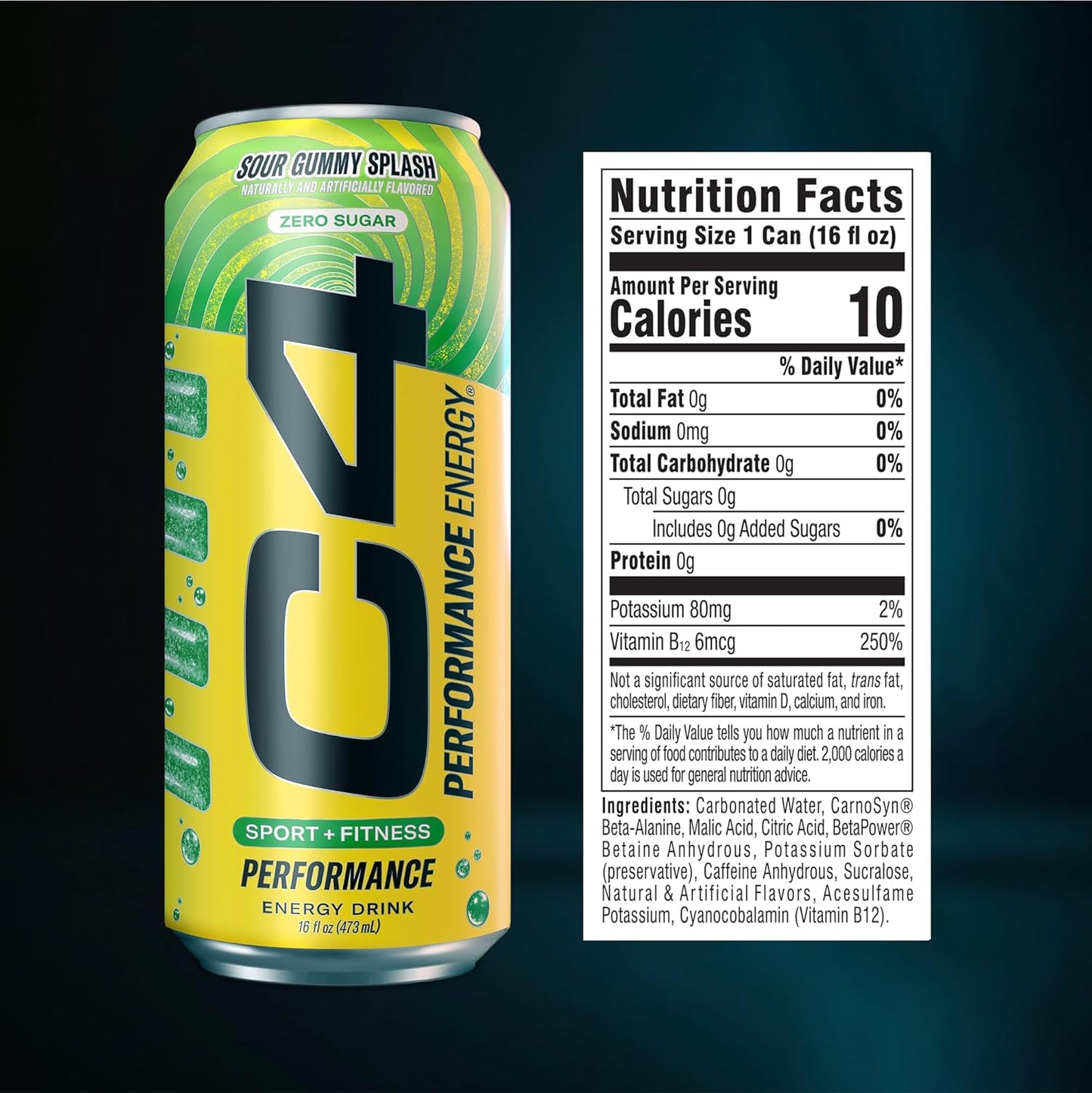 Energy Carbonated Zero Sugar Energy Drink, Pre Workout Drink + Beta Alanine, Sour Gummy Splash, 16 Fl Oz (Pack of 12)