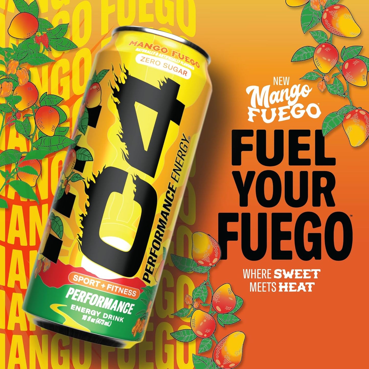 Performance Energy Drink, Mango Fuego, Zero Sugar Carbonated Preworkout Energy, 200Mg Caffeine with Beta Alanine, 16 Fl Oz (12 Pack)