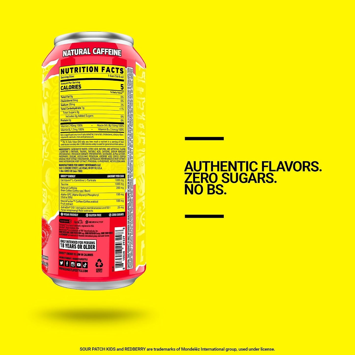 Energy Drink - 12-Pack, Sour Patch Kids Redberry, 16Oz - Energy & Focus & No Artificial Colors - 200Mg of Natural Caffeine, L-Carnitine & Taurine - Gluten-Free & Vegan