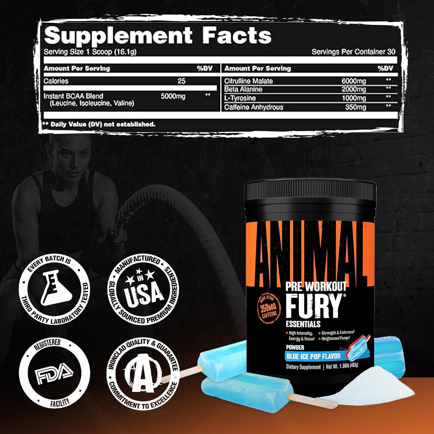 Fury Pre Workout Powder – Blue Ice Pop, 350Mg Caffeine, BCAA Amino Acids, 2G Beta Alanine, Citrulline & Tyrosine, Energy, Focus, Strength, Endurance, Preworkout for Men & Women, 30 Servings
