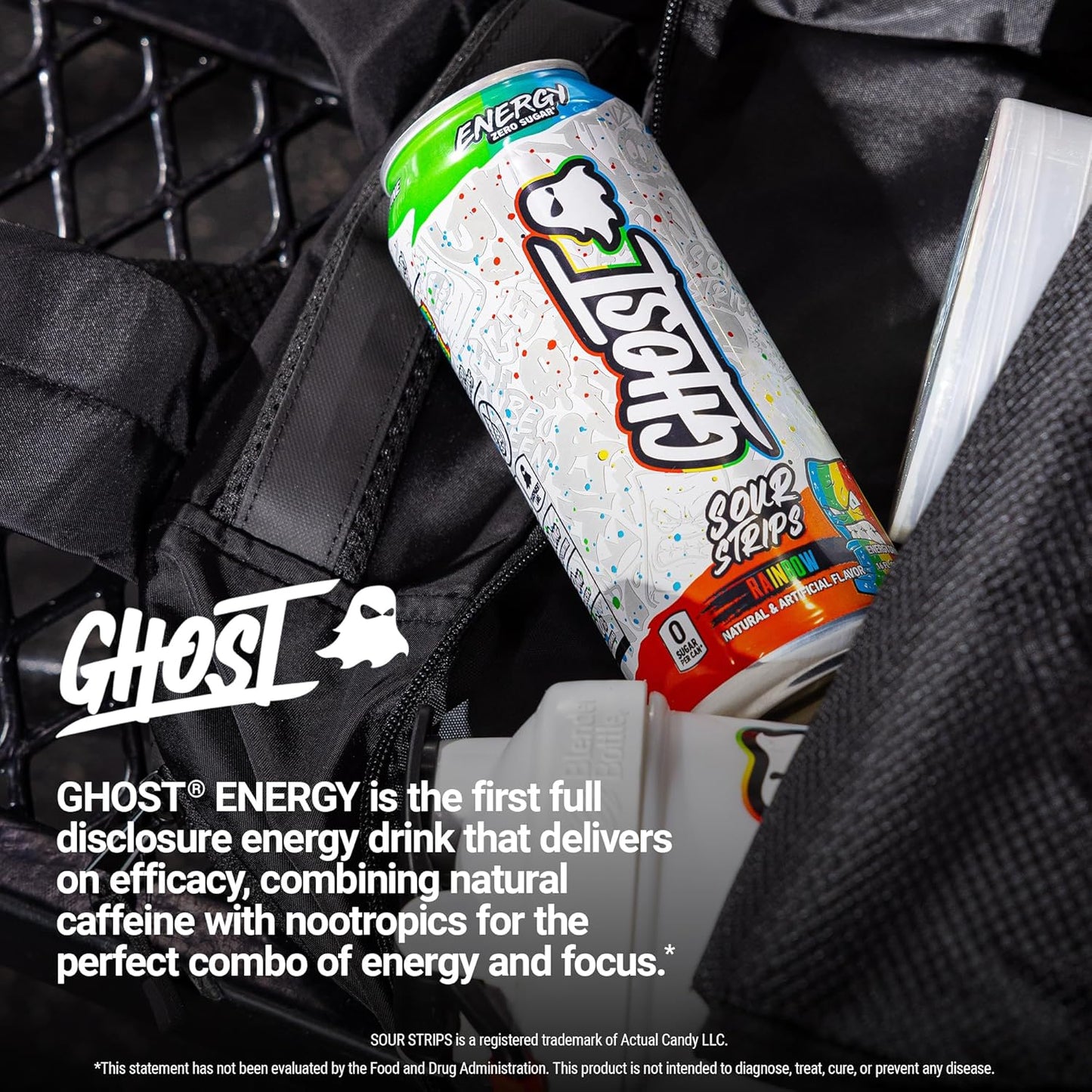 Energy Drink - 12-Pack, Sour Strips Rainbow, 16Oz Cans - Energy & Focus & No Artificial Colors - 200Mg of Natural Caffeine, L-Carnitine & Taurine - Gluten-Free & Vegan