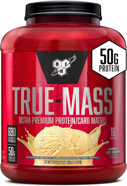 TRUE-MASS Weight Gainer, Mass Gainer Protein Powder, Post Workout Muscle Recovery Powder, Muscle Gainer, 2:1 Carbs to Protein Ratio, Vanilla Ice Cream, 5.82 Pound, 16 Servings