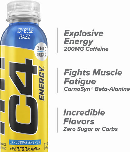 Energy Non-Carbonated Zero Sugar Energy Drink, Pre Workout Drink + Beta Alanine, Icy Blue Razz, 12 Fl Oz (Pack of 12)
