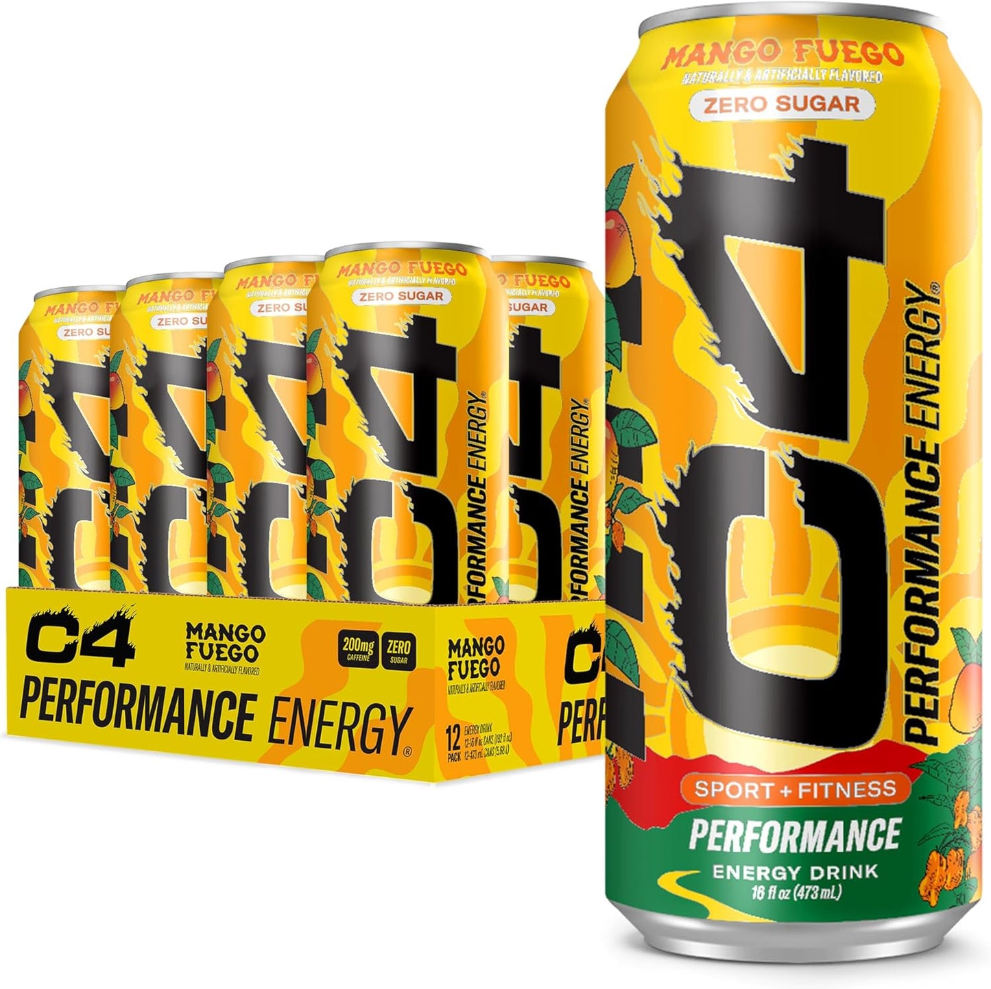 Performance Energy Drink, Mango Fuego, Zero Sugar Carbonated Preworkout Energy, 200Mg Caffeine with Beta Alanine, 16 Fl Oz (12 Pack)