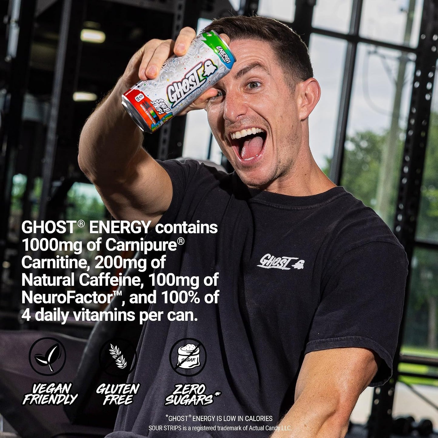 Energy Drink - 12-Pack, Sour Strips Rainbow, 16Oz Cans - Energy & Focus & No Artificial Colors - 200Mg of Natural Caffeine, L-Carnitine & Taurine - Gluten-Free & Vegan