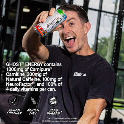 Energy Drink - 12-Pack, Sour Strips Rainbow, 16Oz Cans - Energy & Focus & No Artificial Colors - 200Mg of Natural Caffeine, L-Carnitine & Taurine - Gluten-Free & Vegan