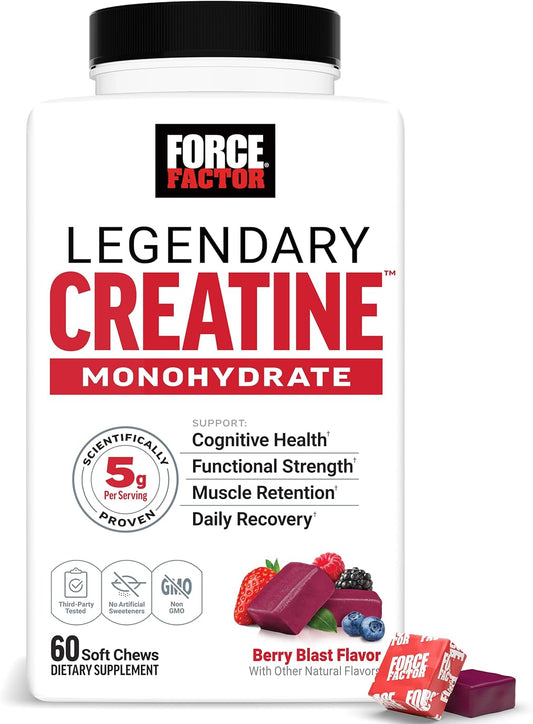 Legendary Creatine Chews, 5G Creatine Monohydrate, Build Muscle, Improve Strength & Recovery, Support Memory & Cognitive Function, Sugar Free, Berry Blast, 60 Soft Chews