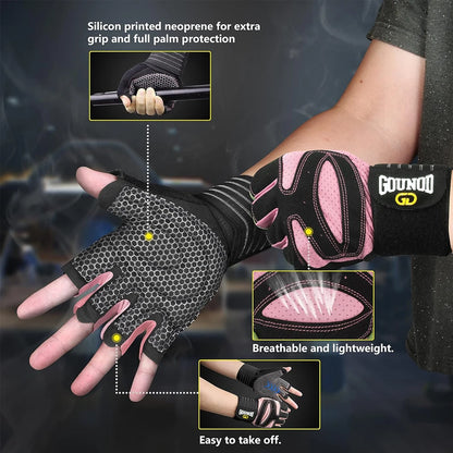 1Pair Workout Gloves for Men Women, Padded Weight Lifting Gloves with Wrist Wraps Support, Full Palm Protection, Grip for Gym Tr