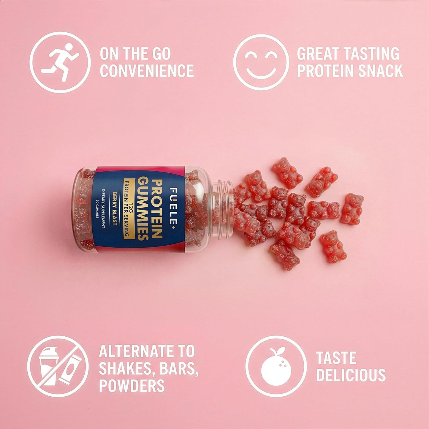 Protein Gummies – 12G High Protein Snack, Mixed Berry Flavor, No Added Sugar, Whey Protein Gummies, Supports Muscle Recovery, Post Workout Supplement