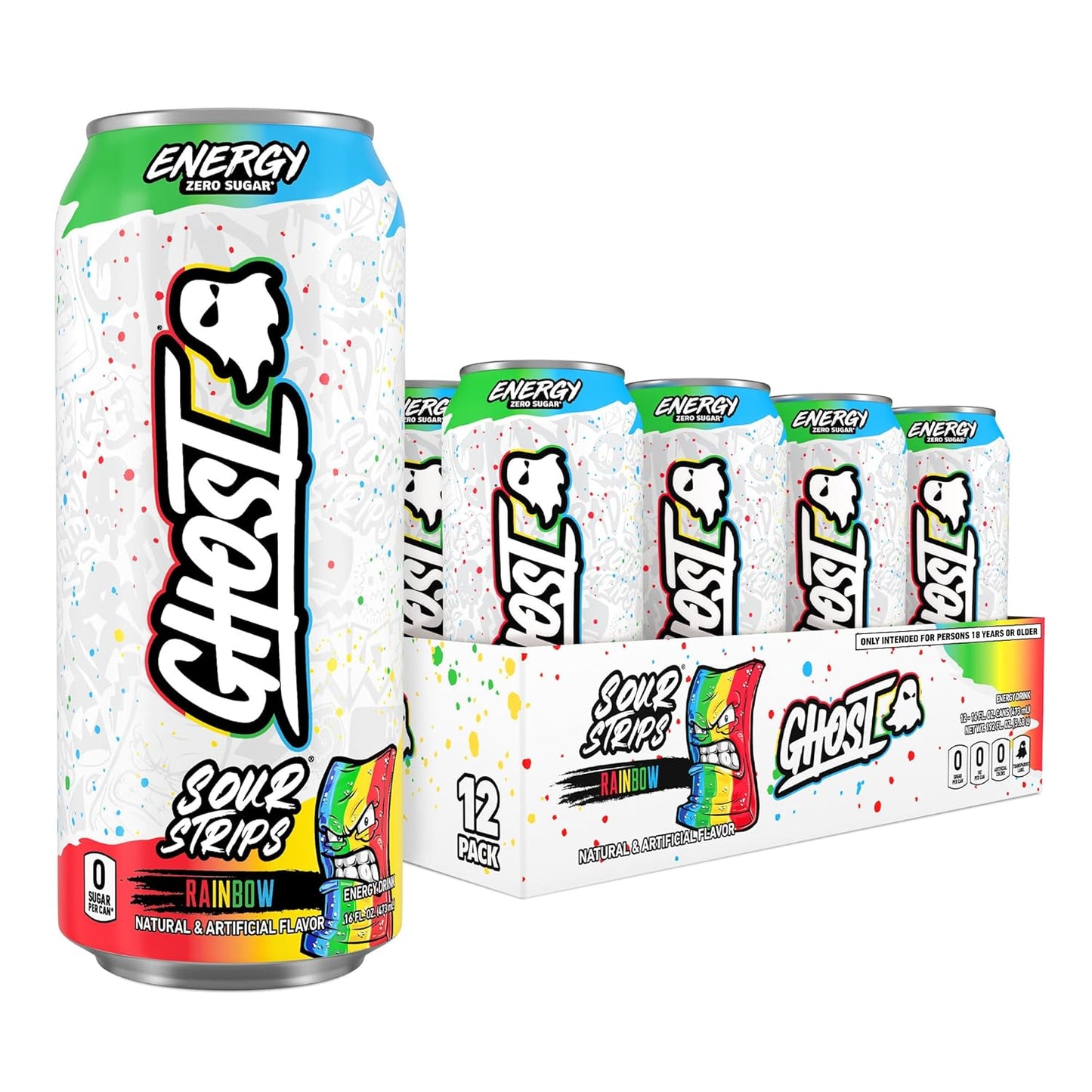 Energy Drink - 12-Pack, Sour Strips Rainbow, 16Oz Cans - Energy & Focus & No Artificial Colors - 200Mg of Natural Caffeine, L-Carnitine & Taurine - Gluten-Free & Vegan
