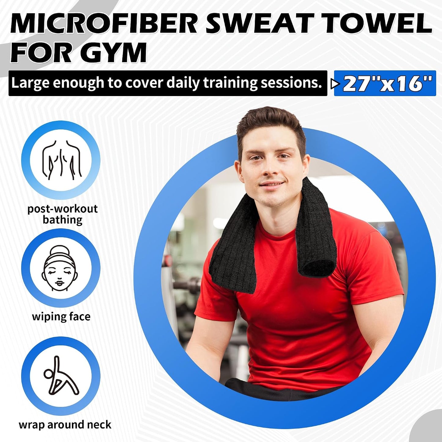 HOMERHYMRE Microfiber Workout Towels, 10 Pack Black Gym Sweat Sports Towel for Yoga, Tennis, Running, Exercise, Working Out, Camping, Quick Dry, Highly Absorbent, for Women & Men, 16 X 27 Inch