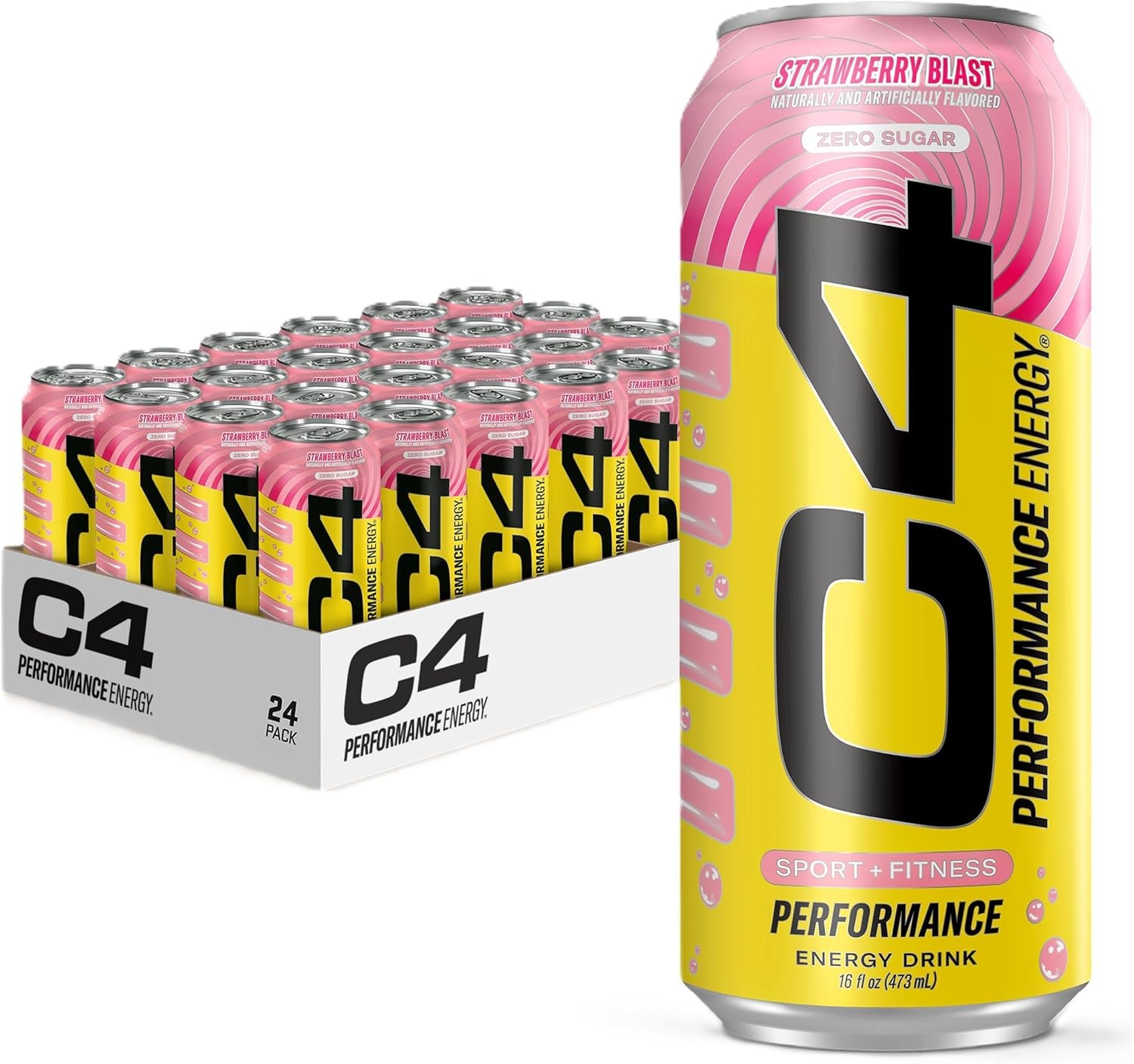 Performance Energy Drink | Strawberry Blast | Zero Sugar Carbonated Preworkout Energy | 200Mg Caffeine with Beta Alanine | 16 Fl Oz (24 Pack)
