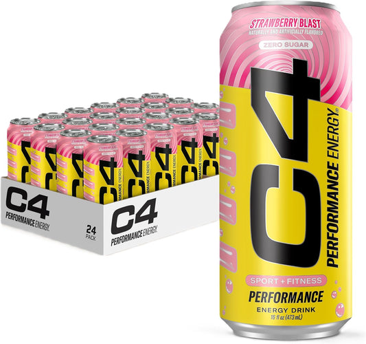 Performance Energy Drink | Strawberry Blast | Zero Sugar Carbonated Preworkout Energy | 200Mg Caffeine with Beta Alanine | 16 Fl Oz (24 Pack)