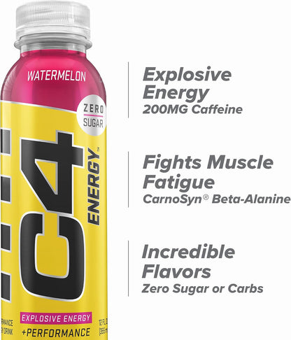 Energy Non-Carbonated Zero Sugar Energy Drink, Pre Workout Drink + Beta Alanine, Watermelon, 12 Fl Oz (Pack of 12)