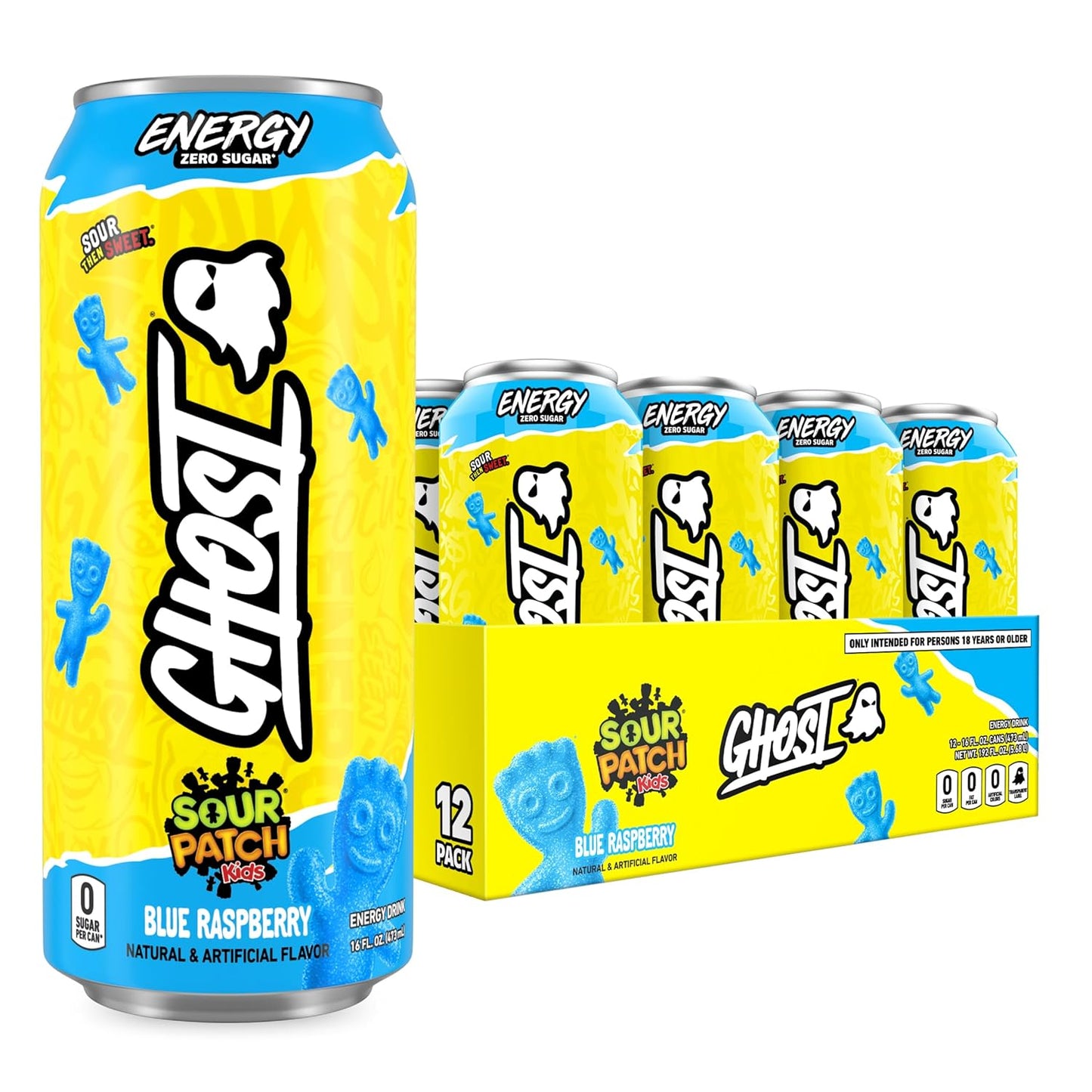 Energy Drink - 12-Pack, Sour Patch Kids Blue Raspberry, 16Oz - Energy & Focus & No Artificial Colors - 200Mg Natural Caffeine, L-Carnitine & Taurine - Gluten-Free & Vegan