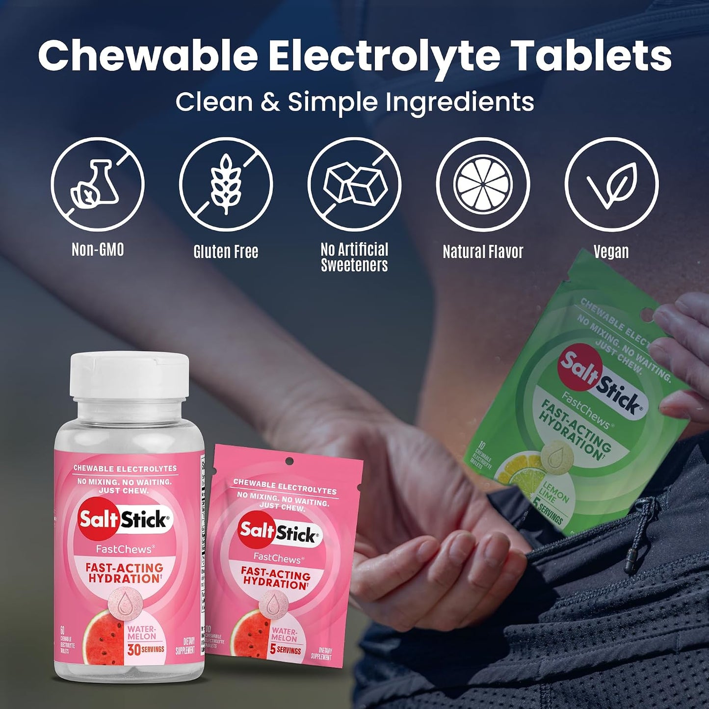 Electrolyte Fastchews - 60 Count Watermelon Chewable Tablets - Salt Tablets for Running and Hydration, Electrolyte Chews