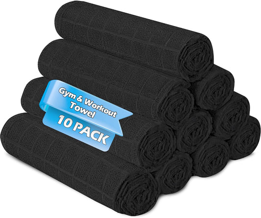 HOMERHYMRE Microfiber Workout Towels, 10 Pack Black Gym Sweat Sports Towel for Yoga, Tennis, Running, Exercise, Working Out, Camping, Quick Dry, Highly Absorbent, for Women & Men, 16 X 27 Inch