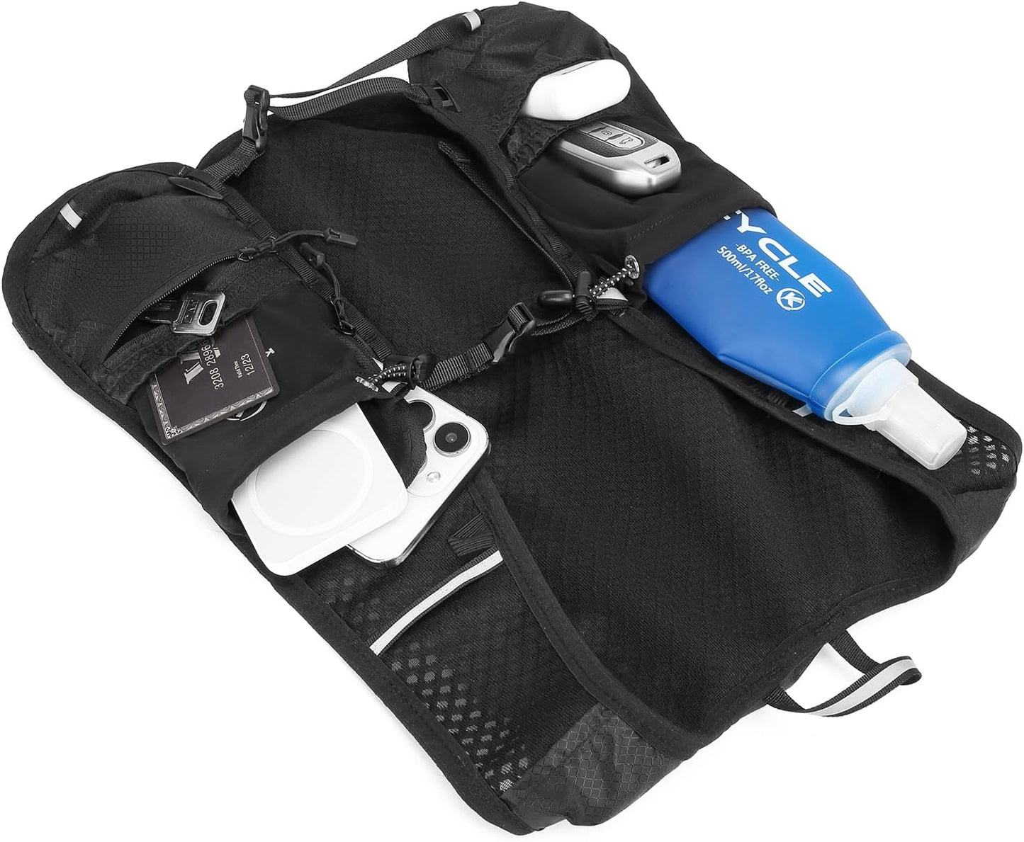 Running Hydration Vest Breathable,Hydration Backpack Water Backpack, Lightweight Phone Holder Running Vest ,Reflective Hi Vis for Women & Men (With 2L Bladder and 500Ml Soft Flask)