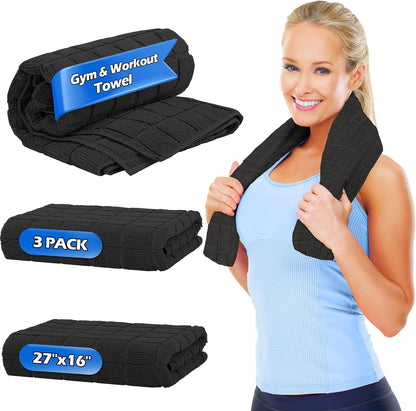 HOMERHYMRE Microfiber Workout Towels, 3 Pack Black Gym Sweat Sports Towel for Yoga, Tennis, Running, Exercise, Working Out, Camping, Quick Dry, Highly Absorbent, for Women & Men, 16 X 27 Inch