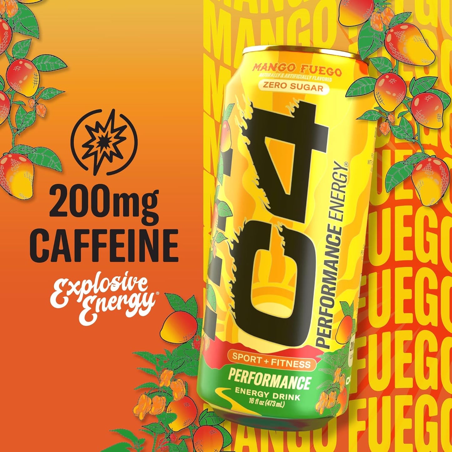 Performance Energy Drink, Mango Fuego, Zero Sugar Carbonated Preworkout Energy, 200Mg Caffeine with Beta Alanine, 16 Fl Oz (12 Pack)