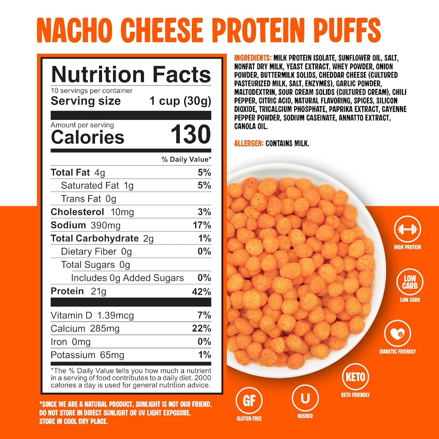 Twin Peaks Protein Puffs - (Nacho Cheese), Keto Friendly, Low Carb Snack (300G, 21G Protein, 2G Net Carbs, High Protein, Healthy Crunchy Snack).