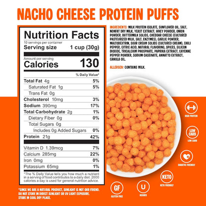 Twin Peaks Protein Puffs - (Nacho Cheese), Keto Friendly, Low Carb Snack (300G, 21G Protein, 2G Net Carbs, High Protein, Healthy Crunchy Snack).