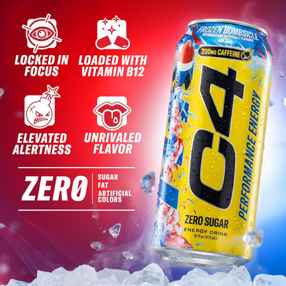 Energy Carbonated Zero Sugar Energy Drink, 200Mg Caffeine Frozen Bombsicle, 16 Fl Oz (Pack of 12)