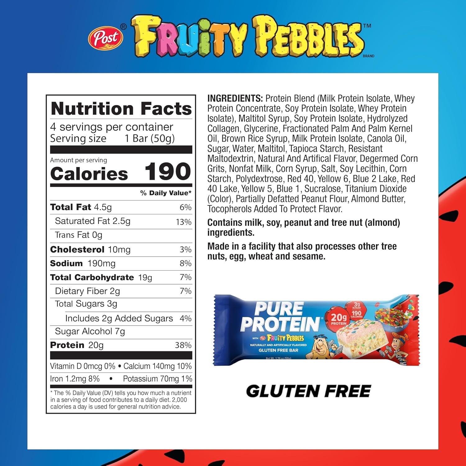 Pure Protein Fruity PEBBLES™ Protein Bars – 20G Protein, 3G Sugar, 190 Calories (4 Count) Low Sugar* High Protein Snack – Gluten Free - Perfect for a Healthy Snack.