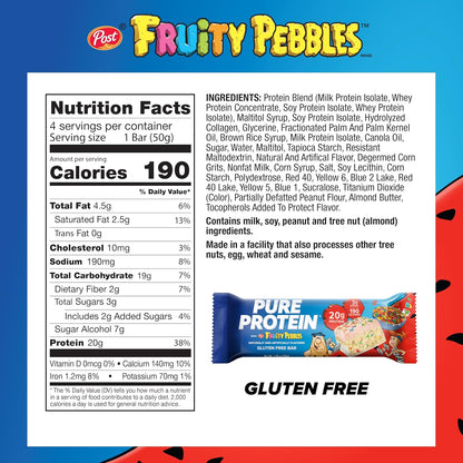 Pure Protein Fruity PEBBLES™ Protein Bars – 20G Protein, 3G Sugar, 190 Calories (4 Count) Low Sugar* High Protein Snack – Gluten Free - Perfect for a Healthy Snack.