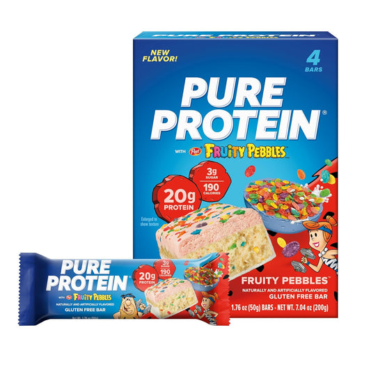 Pure Protein Fruity PEBBLES™ Protein Bars – 20G Protein, 3G Sugar, 190 Calories (4 Count) Low Sugar* High Protein Snack – Gluten Free - Perfect for a Healthy Snack.
