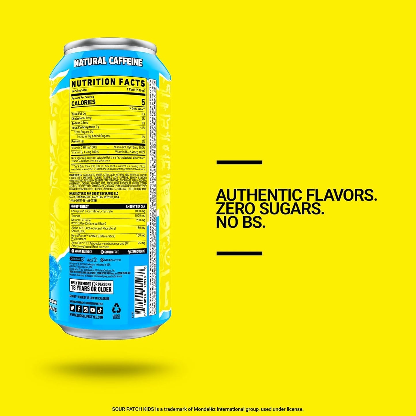Energy Drink - 12-Pack, Sour Patch Kids Blue Raspberry, 16Oz - Energy & Focus & No Artificial Colors - 200Mg Natural Caffeine, L-Carnitine & Taurine - Gluten-Free & Vegan
