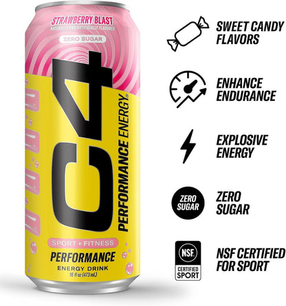 Performance Energy Drink | Strawberry Blast | Zero Sugar Carbonated Preworkout Energy | 200Mg Caffeine with Beta Alanine | 16 Fl Oz (24 Pack)