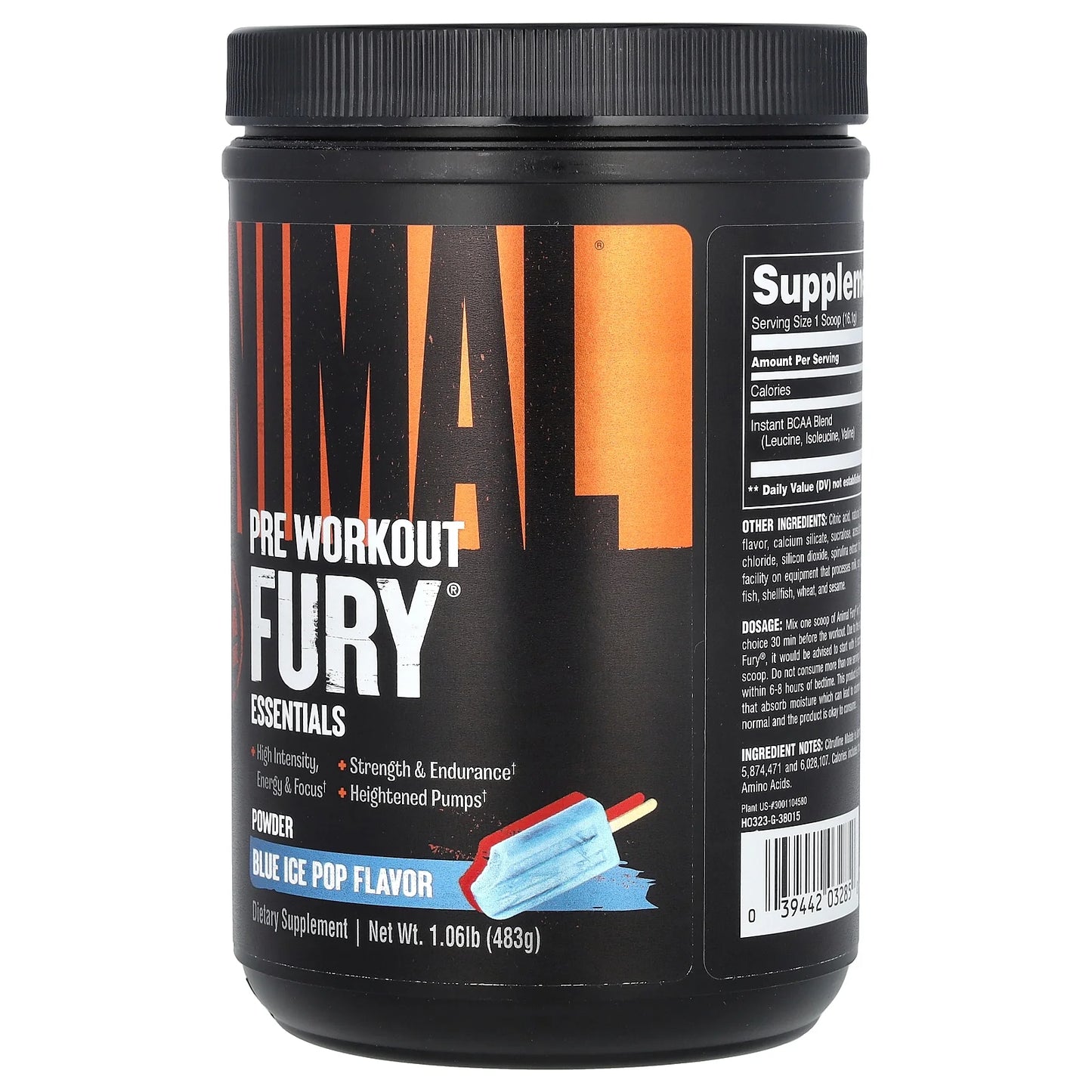 Animal Fury® Essentials, Pre Workout, Blue Ice Pop, 1.06 Lbs (483 G)