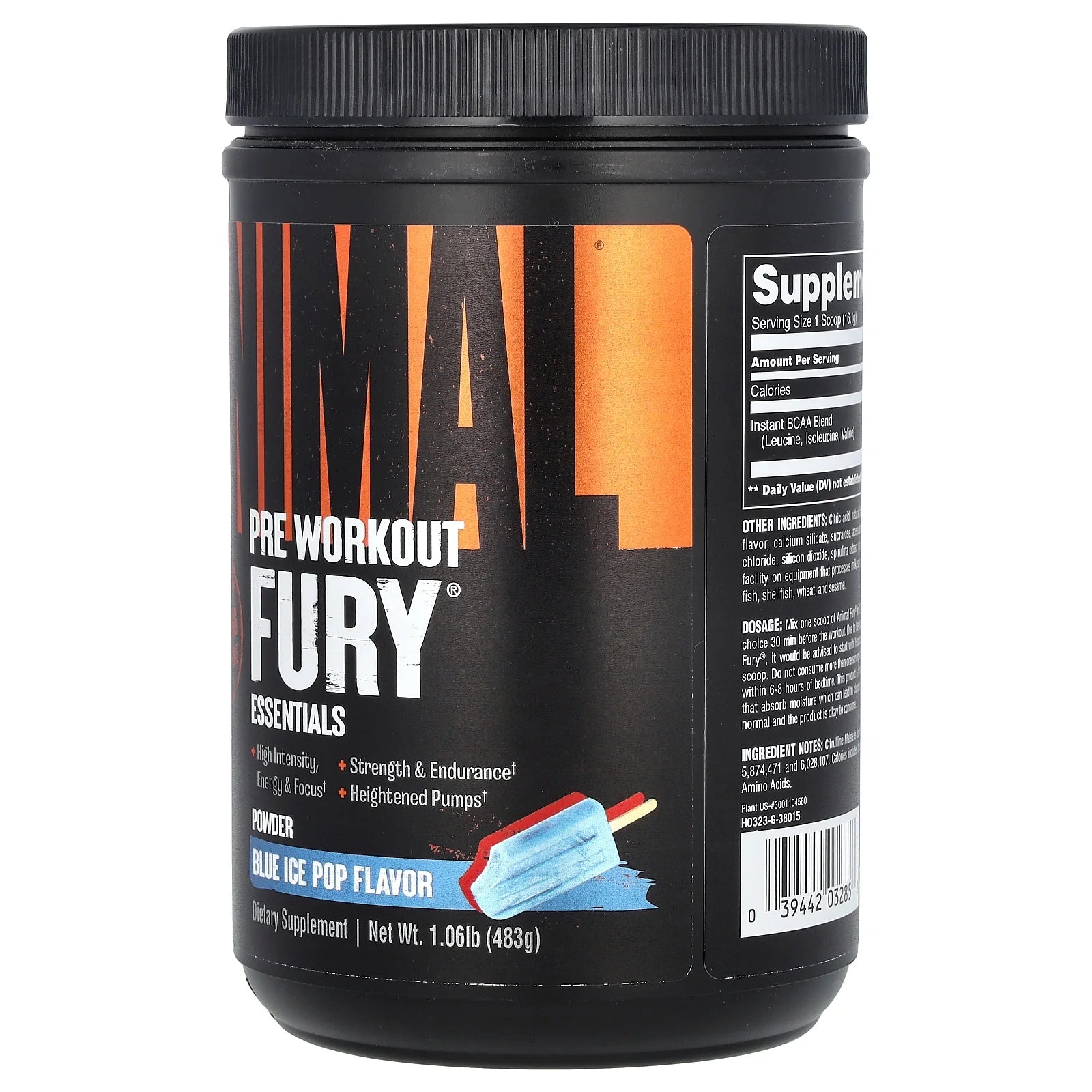 Animal Fury® Essentials, Pre Workout, Blue Ice Pop, 1.06 Lbs (483 G)
