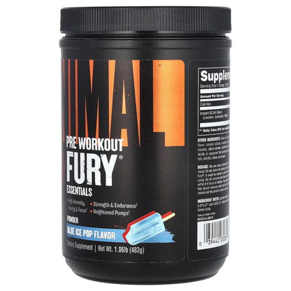 Animal Fury® Essentials, Pre Workout, Blue Ice Pop, 1.06 Lbs (483 G)