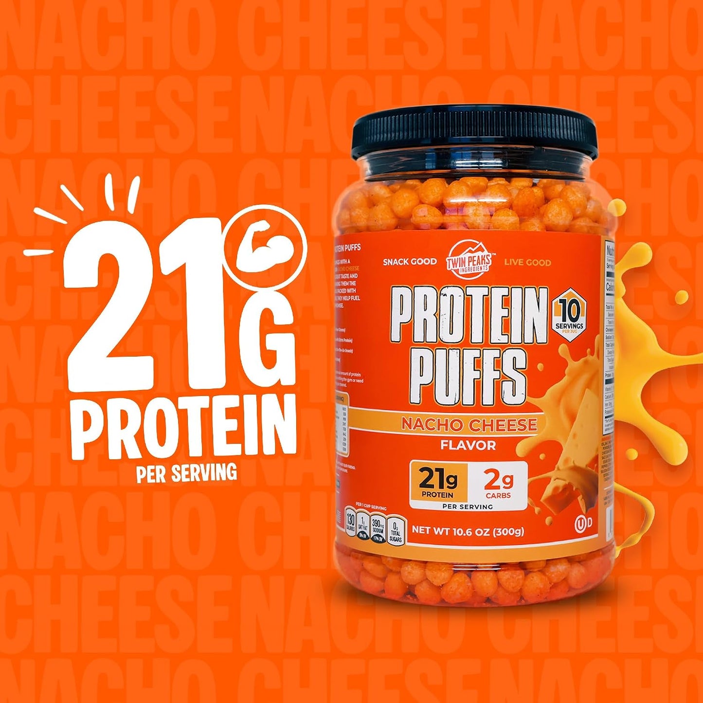 Twin Peaks Protein Puffs - (Nacho Cheese), Keto Friendly, Low Carb Snack (300G, 21G Protein, 2G Net Carbs, High Protein, Healthy Crunchy Snack).
