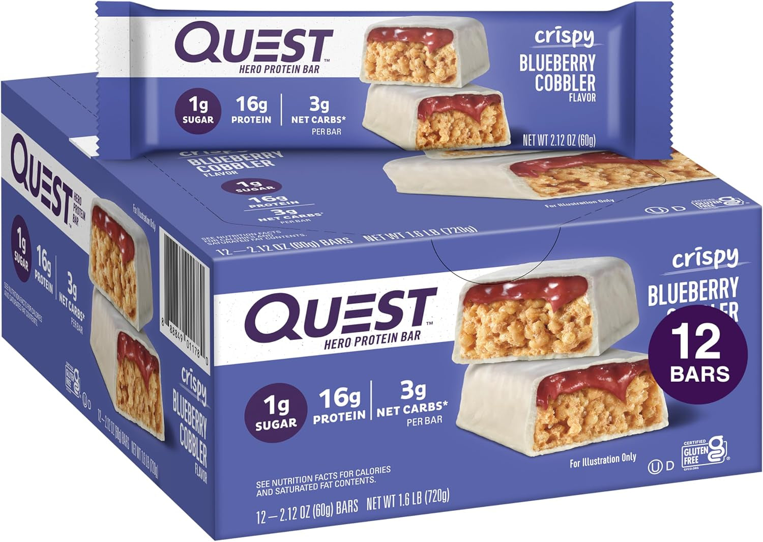 Crispy Blueberry Cobbler Hero Protein Bar, 16G Protein, 1G Sugar, 3G & White Chocolate Raspberry Protein Bars, High Protein, Low Carb, Gluten Free