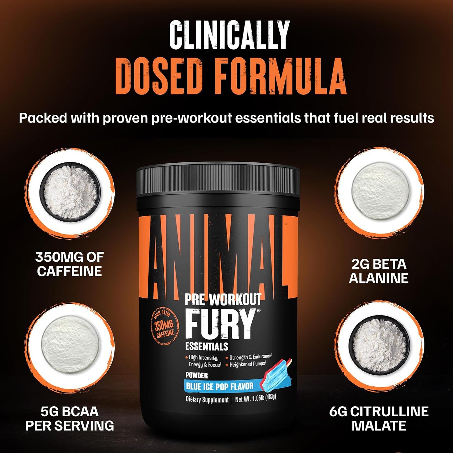 Fury Pre Workout Powder – Blue Ice Pop, 350Mg Caffeine, BCAA Amino Acids, 2G Beta Alanine, Citrulline & Tyrosine, Energy, Focus, Strength, Endurance, Preworkout for Men & Women, 30 Servings