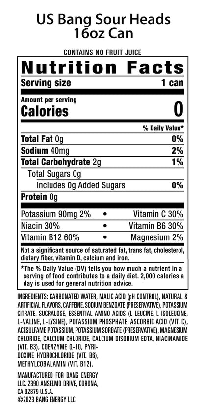 Energy Sour Heads, Sugar-Free Energy Drink, 16-Ounce | Pack of 12