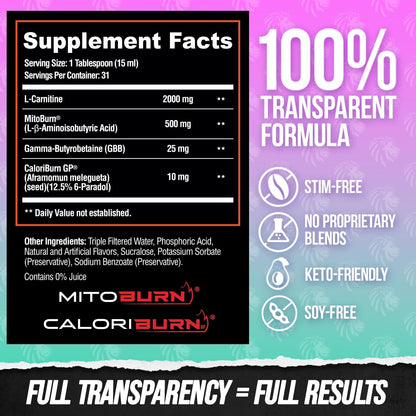 Burn2O L-Carnitine Liquid 2000Mg – Stim Free Super Thermogenic Fat Burner with Mitoburn® & Caloriburn GP®, Metabolism Booster, Zero Calorie, Sugar-Free (31 Servings, Grapezilla Flavor)