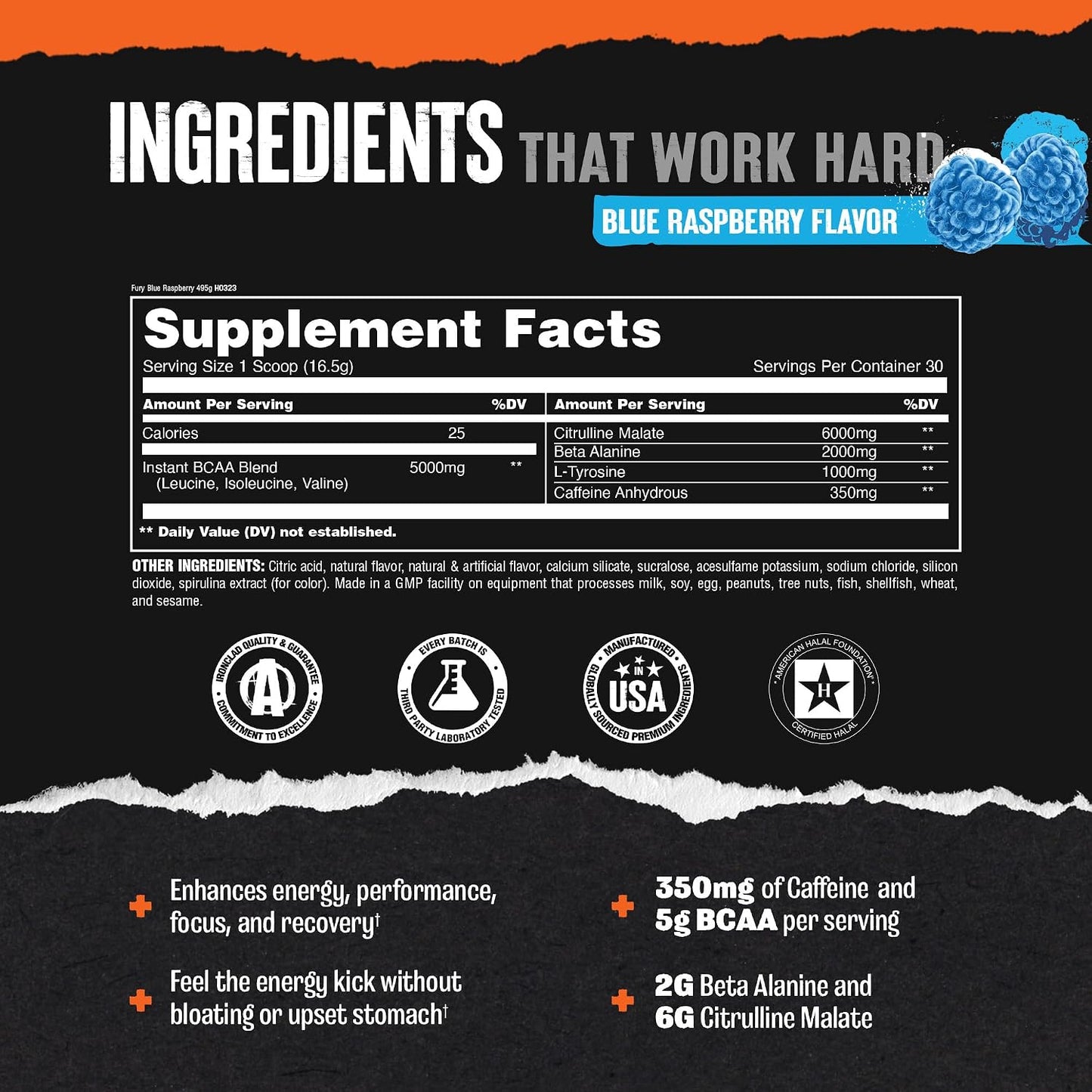 Fury - Pre Workout Powder Supplement for Energy and Focus - 5G BCAA, 350Mg Caffeine Nitric Oxide without Creatine - Powerful Stimulant for Bodybuilders - Blue Raspberry