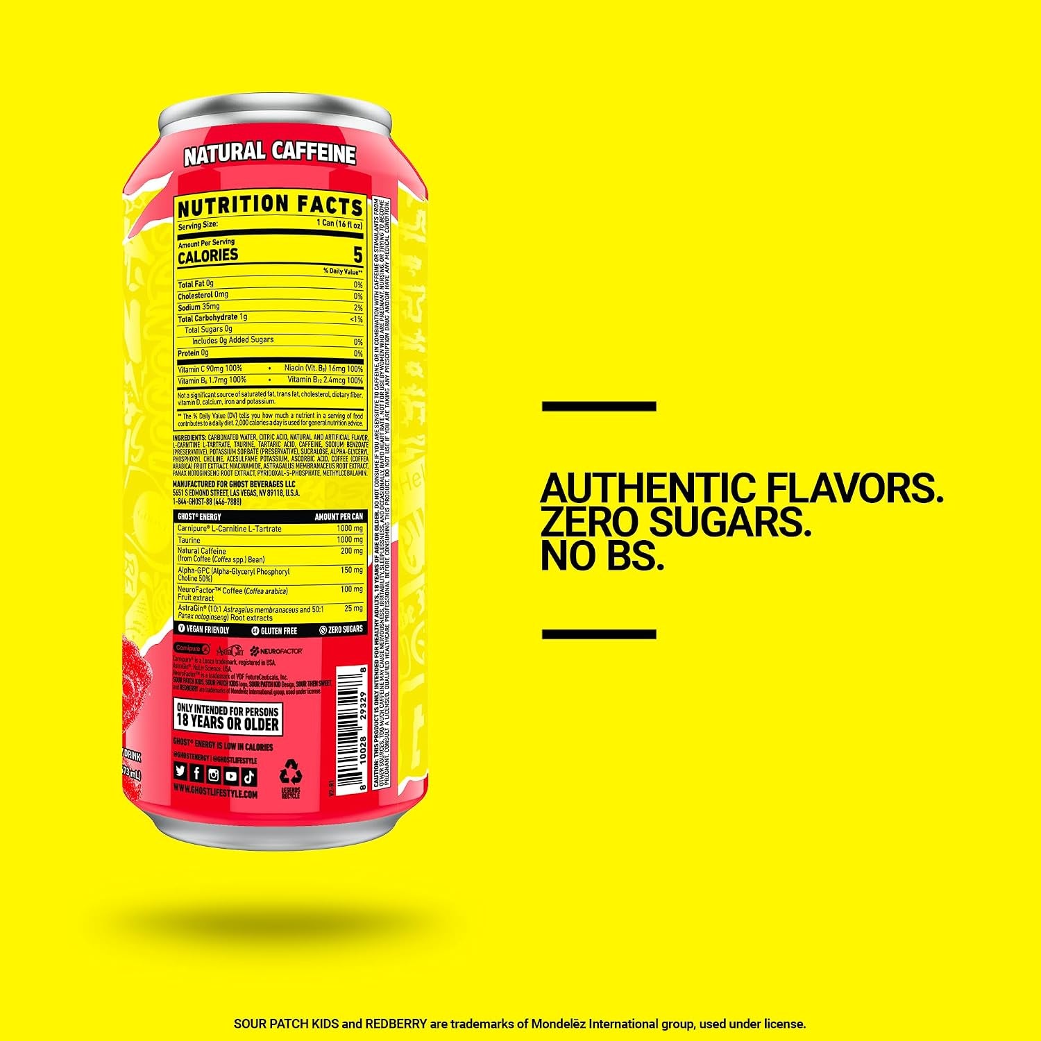 Energy Drink - 12-Pack, Sour Patch Kids Redberry, 16Oz - Energy & Focus & No Artificial Colors - 200Mg of Natural Caffeine, L-Carnitine & Taurine - Gluten-Free & Vegan