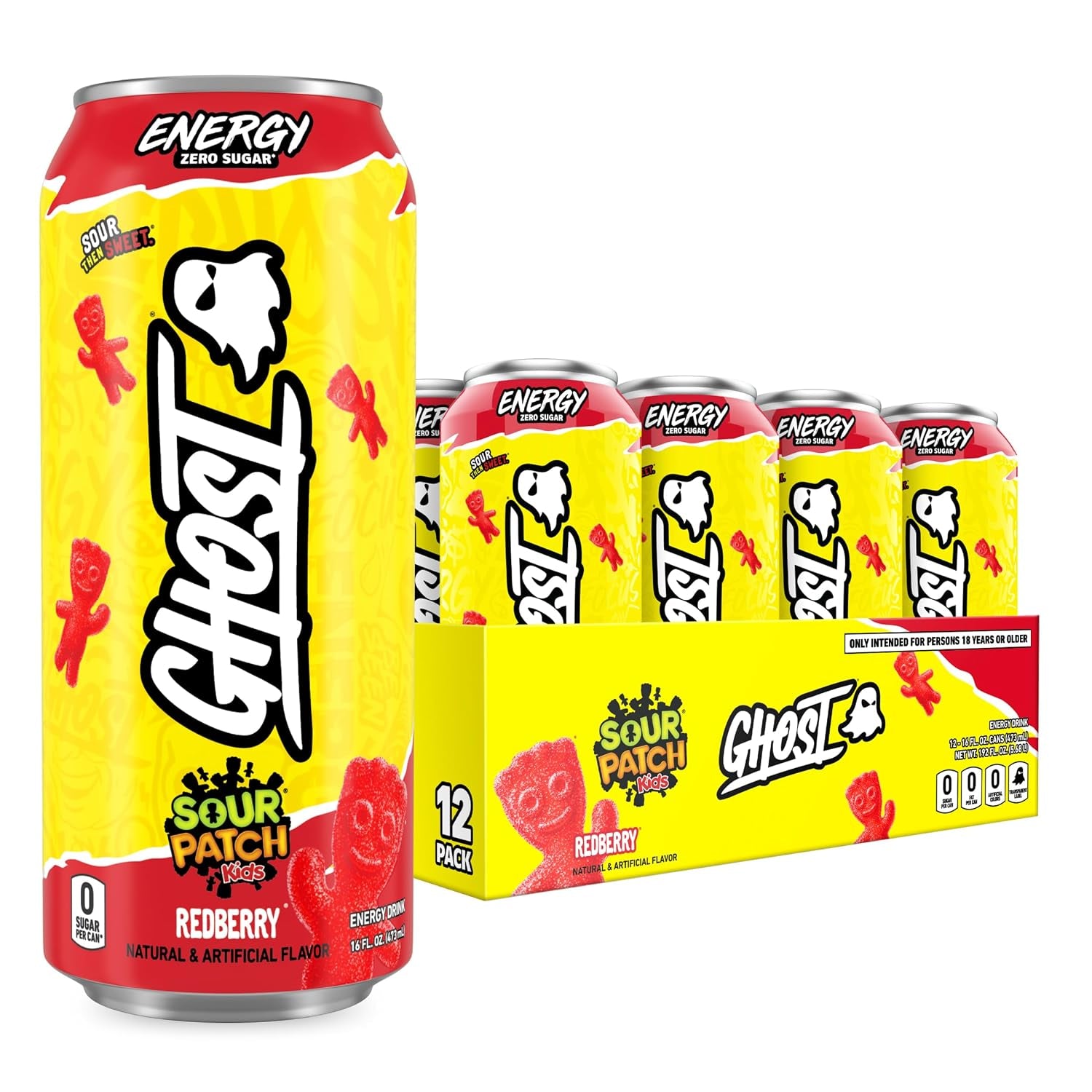 Energy Drink - 12-Pack, Sour Patch Kids Redberry, 16Oz - Energy & Focus & No Artificial Colors - 200Mg of Natural Caffeine, L-Carnitine & Taurine - Gluten-Free & Vegan