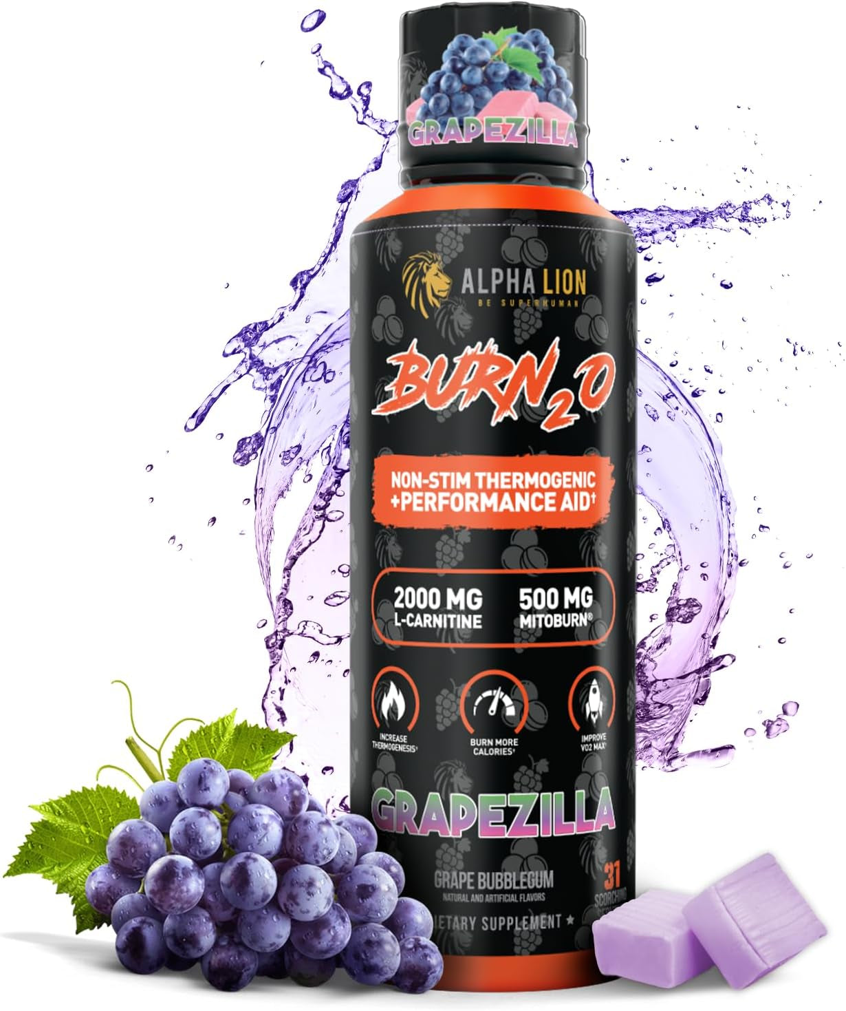 Burn2O L-Carnitine Liquid 2000Mg – Stim Free Super Thermogenic Fat Burner with Mitoburn® & Caloriburn GP®, Metabolism Booster, Zero Calorie, Sugar-Free (31 Servings, Grapezilla Flavor)