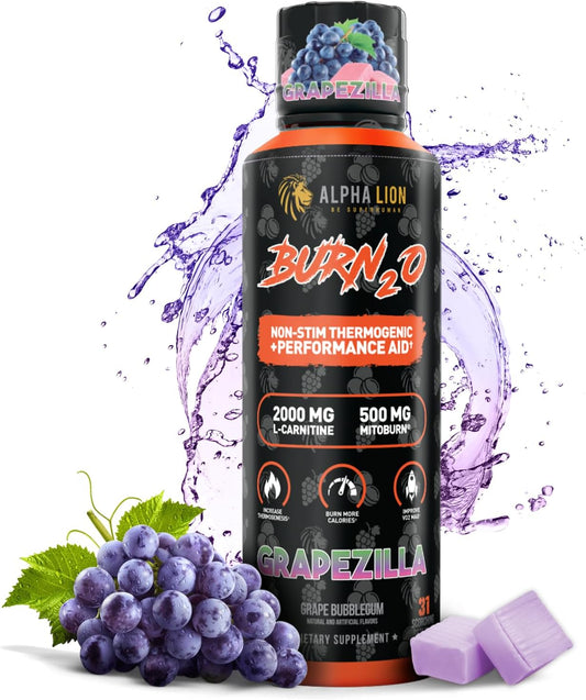 Burn2O L-Carnitine Liquid 2000Mg – Stim Free Super Thermogenic Fat Burner with Mitoburn® & Caloriburn GP®, Metabolism Booster, Zero Calorie, Sugar-Free (31 Servings, Grapezilla Flavor)