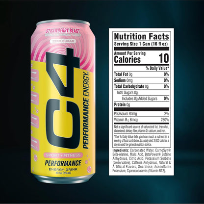 Performance Energy Drink | Strawberry Blast | Zero Sugar Carbonated Preworkout Energy | 200Mg Caffeine with Beta Alanine | 16 Fl Oz (24 Pack)