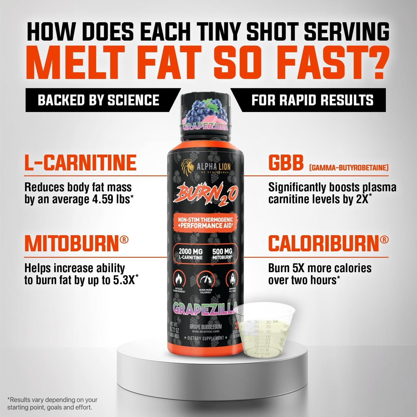 Burn2O L-Carnitine Liquid 2000Mg – Stim Free Super Thermogenic Fat Burner with Mitoburn® & Caloriburn GP®, Metabolism Booster, Zero Calorie, Sugar-Free (31 Servings, Grapezilla Flavor)