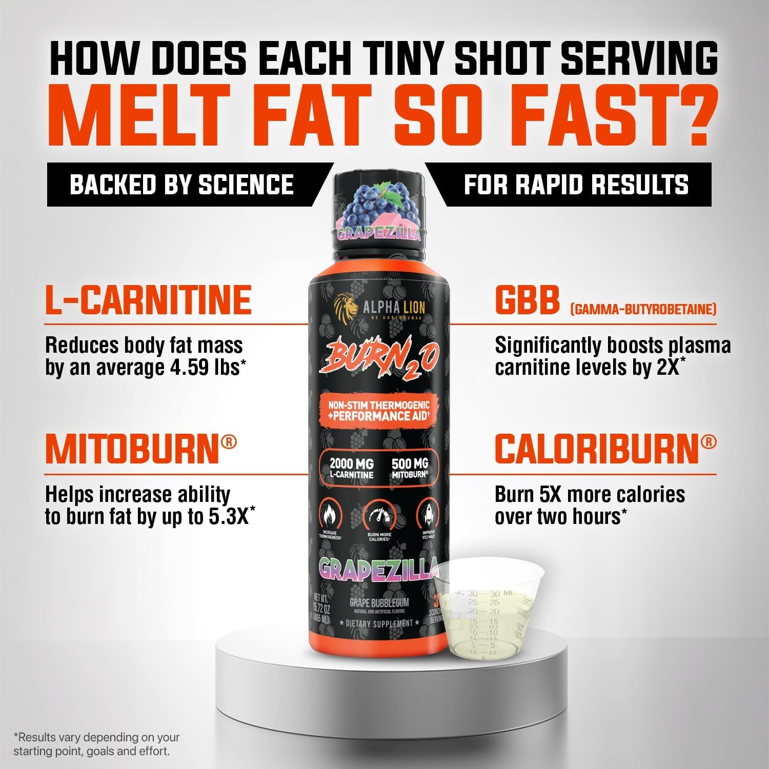 Burn2O L-Carnitine Liquid 2000Mg – Stim Free Super Thermogenic Fat Burner with Mitoburn® & Caloriburn GP®, Metabolism Booster, Zero Calorie, Sugar-Free (31 Servings, Grapezilla Flavor)