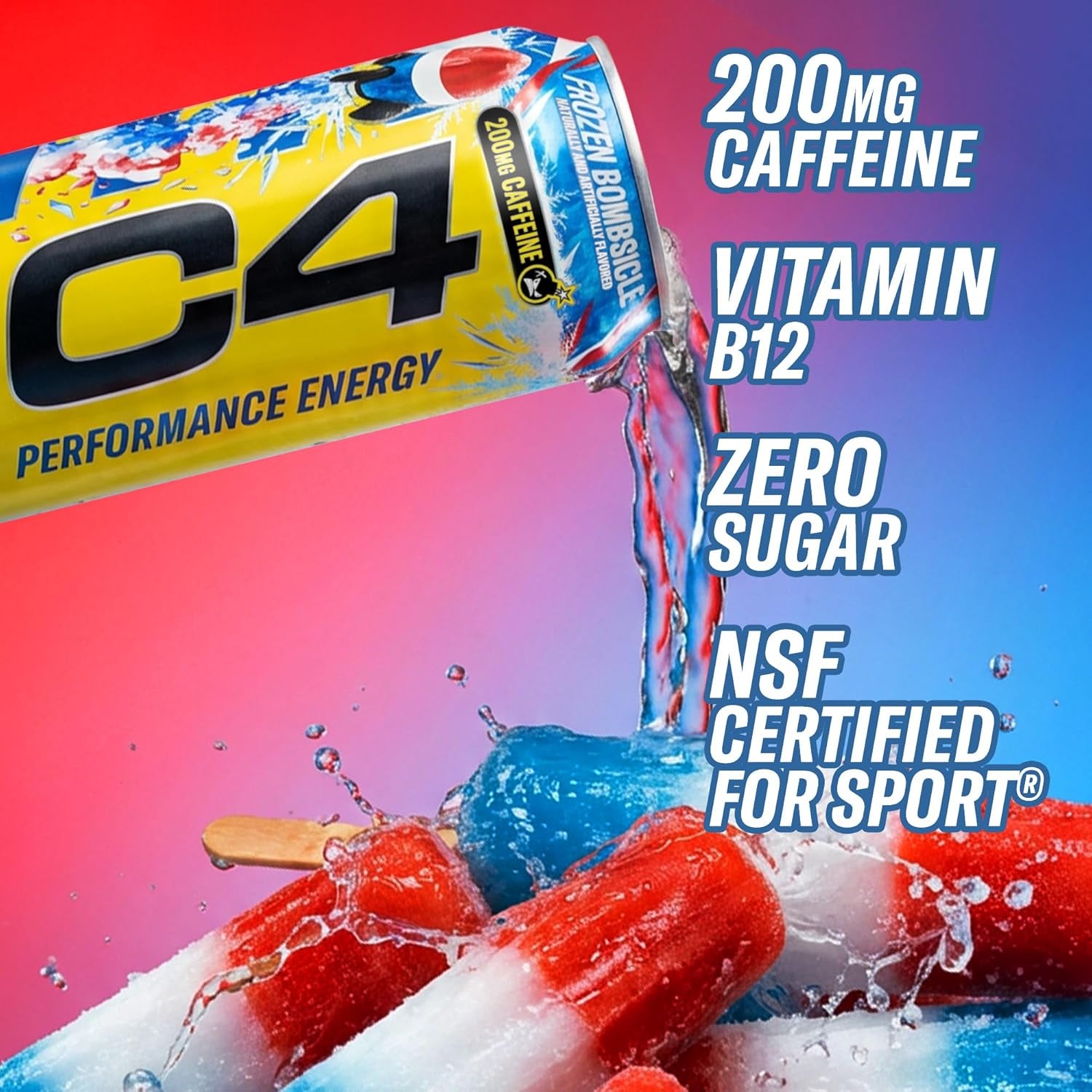Energy Carbonated Zero Sugar Energy Drink, 200Mg Caffeine Frozen Bombsicle, 16 Fl Oz (Pack of 12)