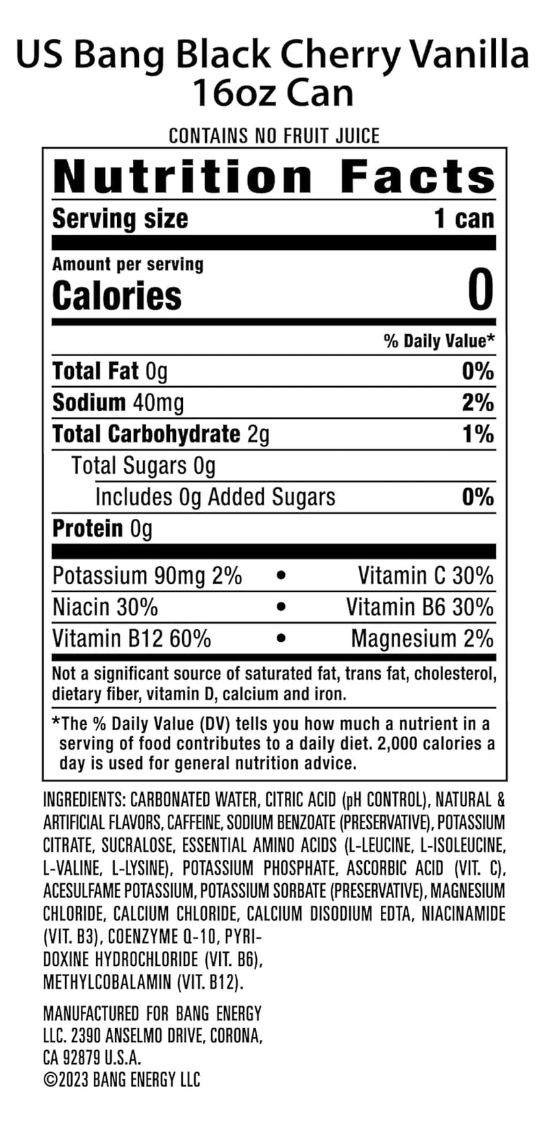 Energy Black Cherry Vanilla, Sugar-Free Energy Drink, 16-Ounce | Pack of 12